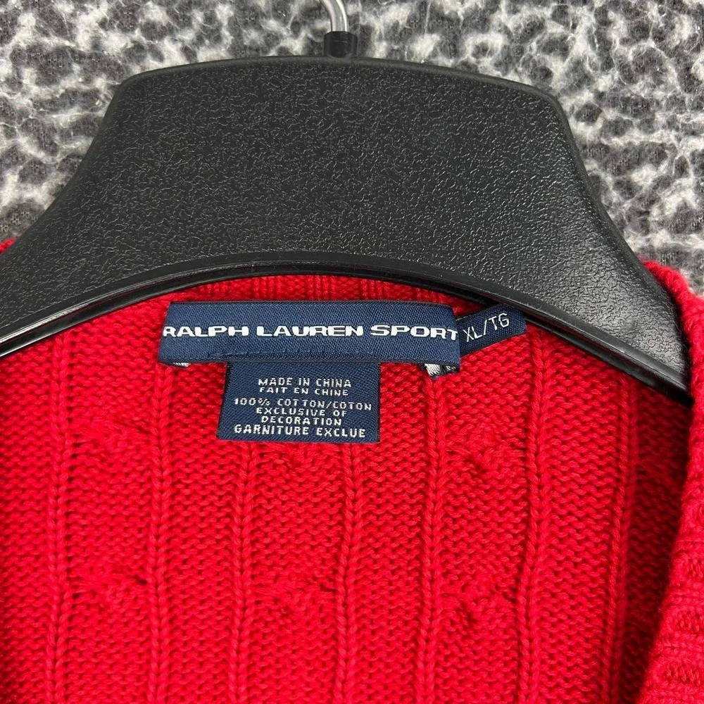 Ralph Lauren Sport Sweater Women XL Red Cable Knit V-Neck Cotton Long Sleeve